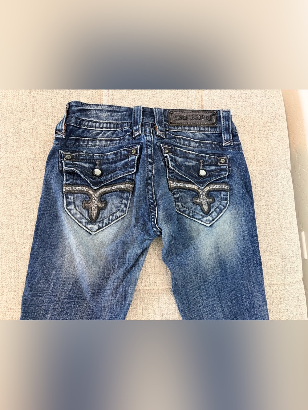 Rock Revival Women's Distressed Blue Skinny Jeans with Sequin Pocket Detail 25
